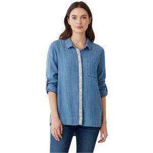 Crown & Ivy Soft Blue Lyocell Tencel Denim Button Down Shirt Silver Stripe Large